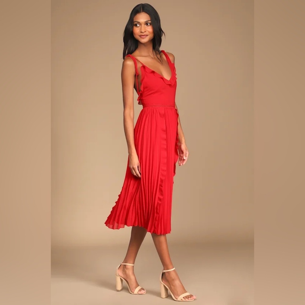 Lulus Never a Dull Moment Bright Red Tie-Strap Pleated Midi Dress